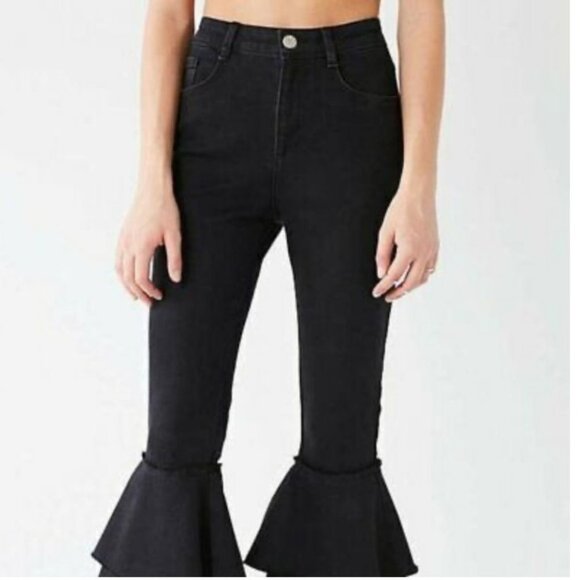 URBAN Outfitters‎ Ruffle Flare Jeans High Rise Black Size 24 Bell Bottom Denim - Picture 4 of 14